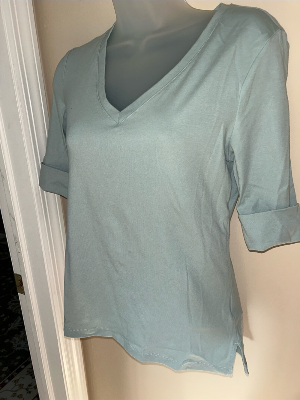 Lauren Ralph Lauren Light Blue V-Neck Short Sleeve Top with side slits